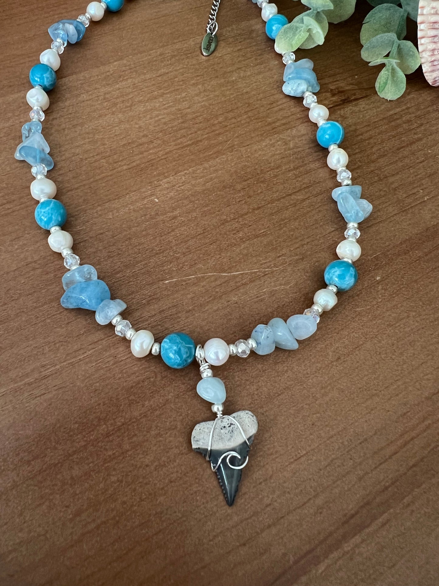 Calm Waters- Great White Shark tooth with aquamarine, Larimar, and freshwater pearls