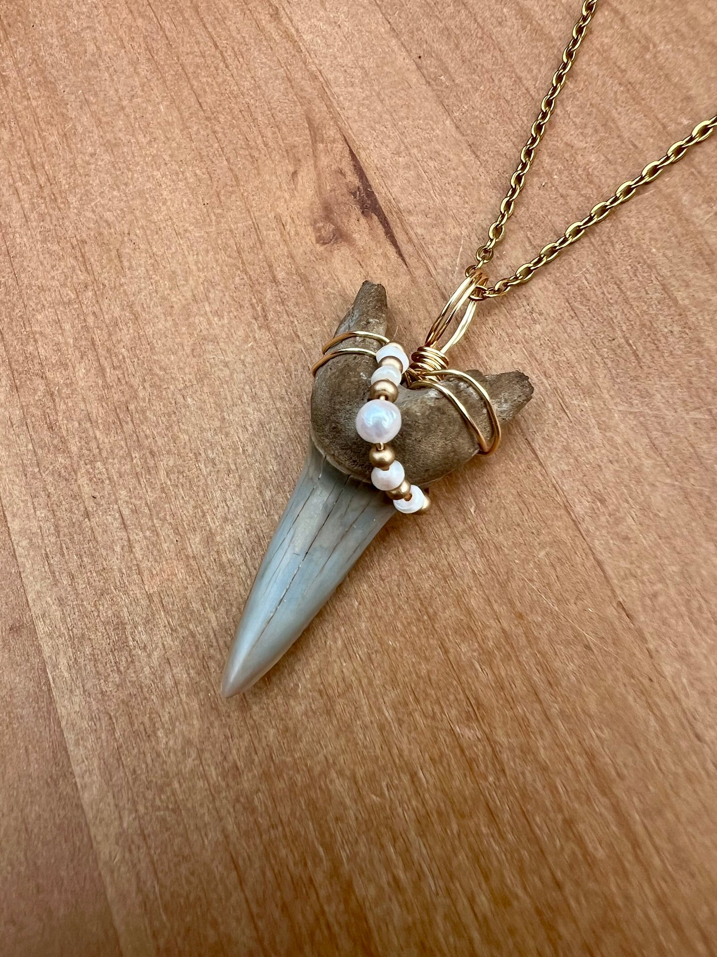 Shark tooth necklace with mini freshwater pearls