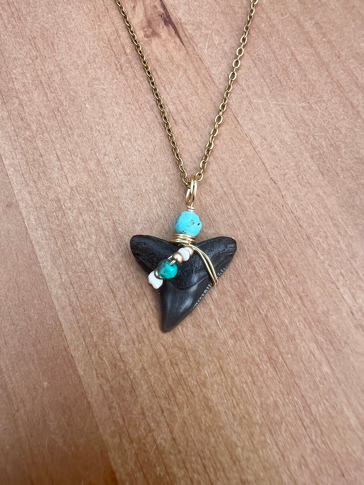 Bull Shark tooth necklace with freshwater pearls and genuine turquoise