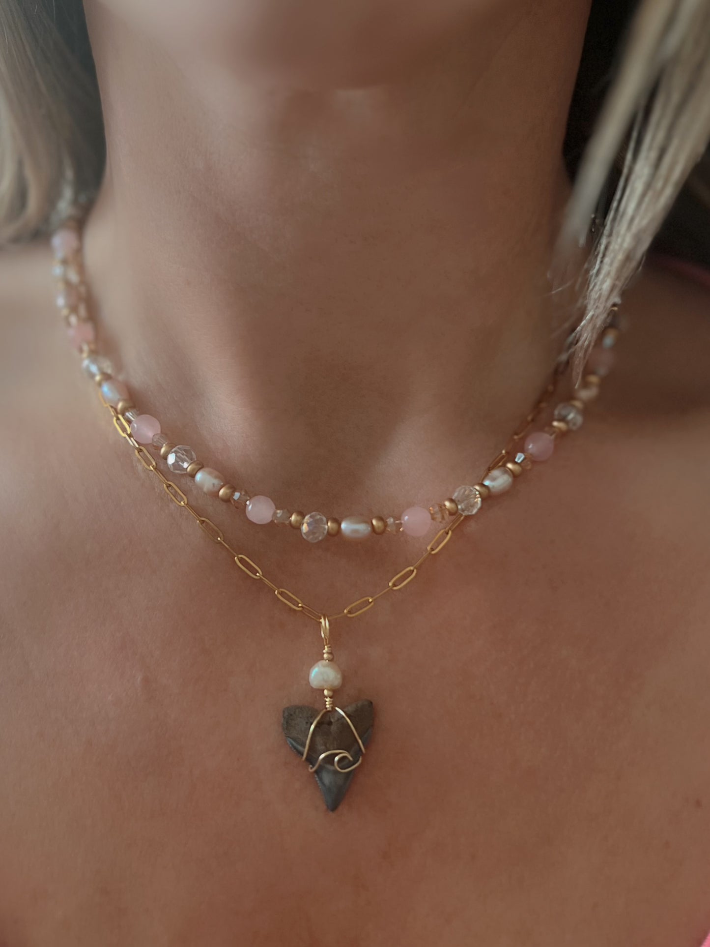 Rose quartz, pink pearls, & Bull Shark tooth necklace