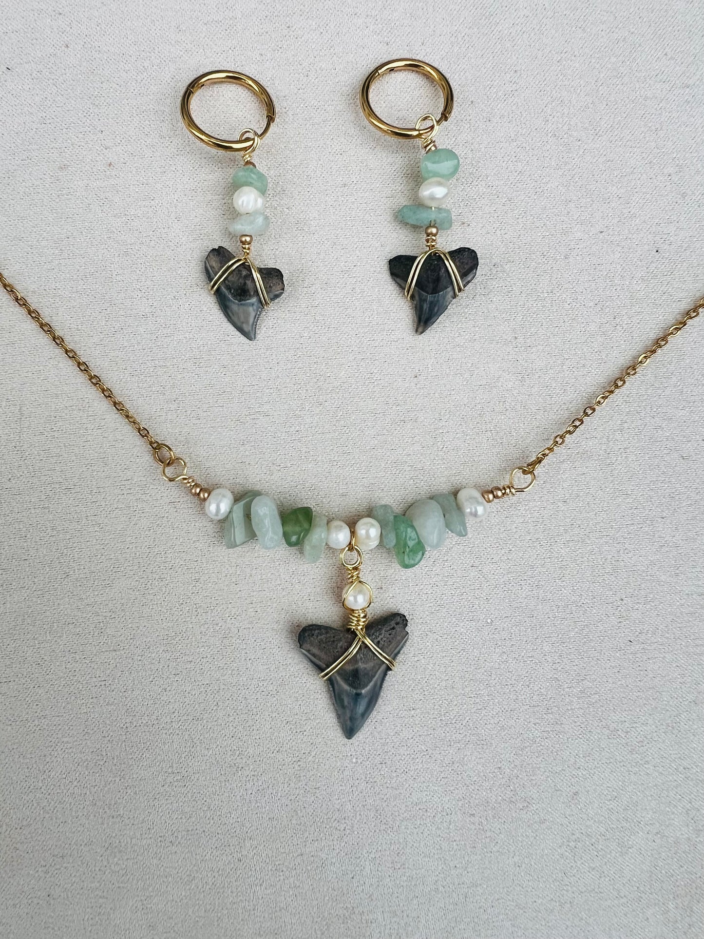 Ocean Treasure Necklace - Bull Shark tooth + Aventurine and Pearls