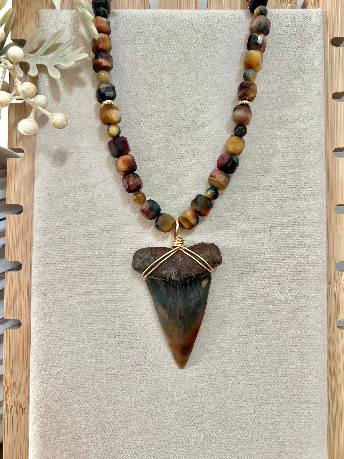 Ember Tide- STUNNING Hastalis Shark tooth with Tiger’s Eye Gemstone Bead Necklace