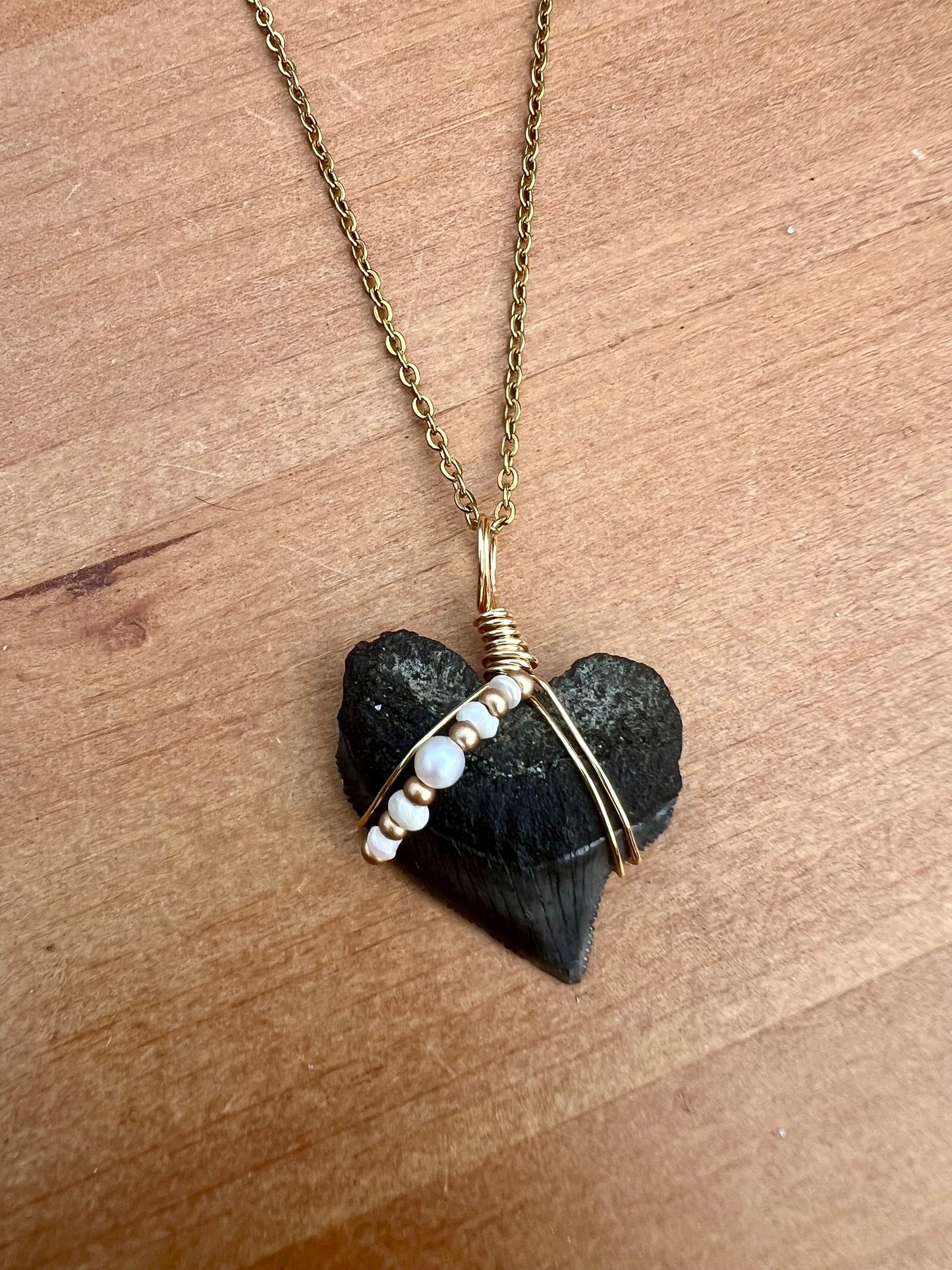 Crow Shark tooth necklace with mini freshwater pearls