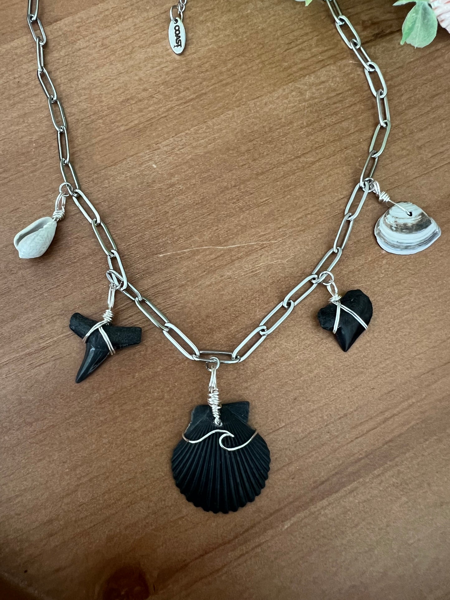 Carolina Shores Charm necklace- all hand collected, locally found shark teeth + shell charms