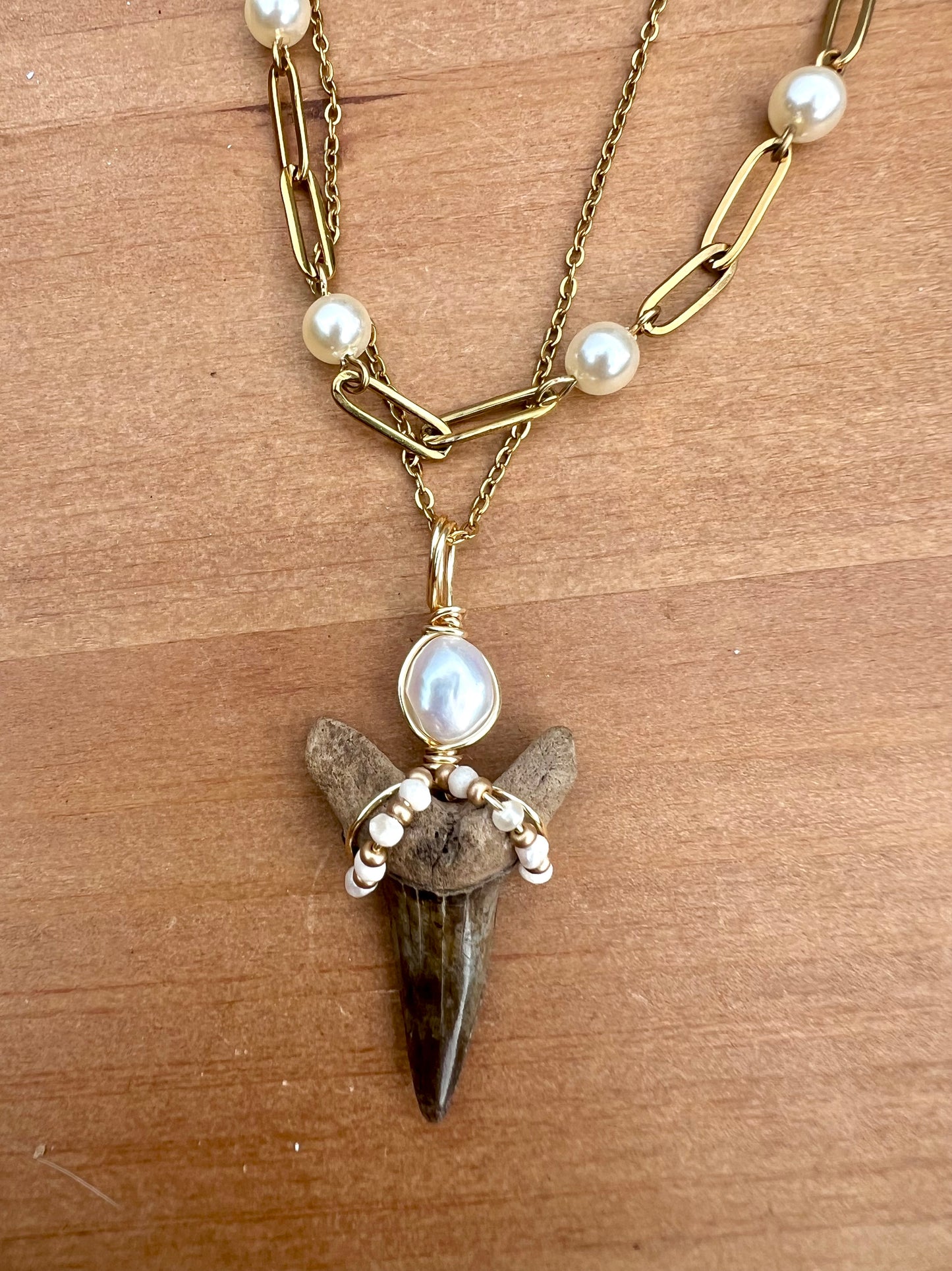 Coastal Shark tooth multi-layer necklace with freshwater pearls
