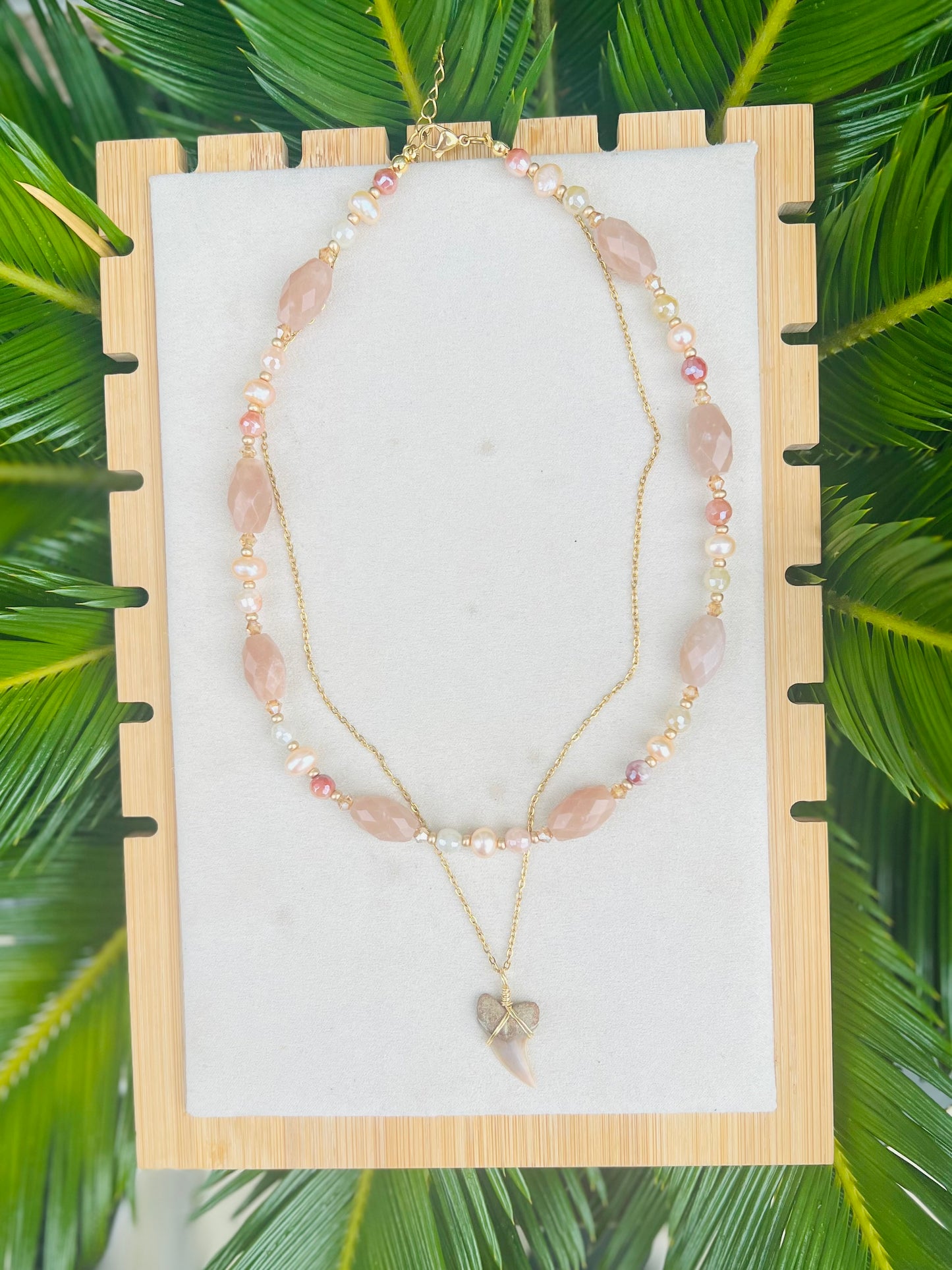 Peach Moonstone, pearls, silk jade, Planus (hooked Mako) Shark tooth necklace
