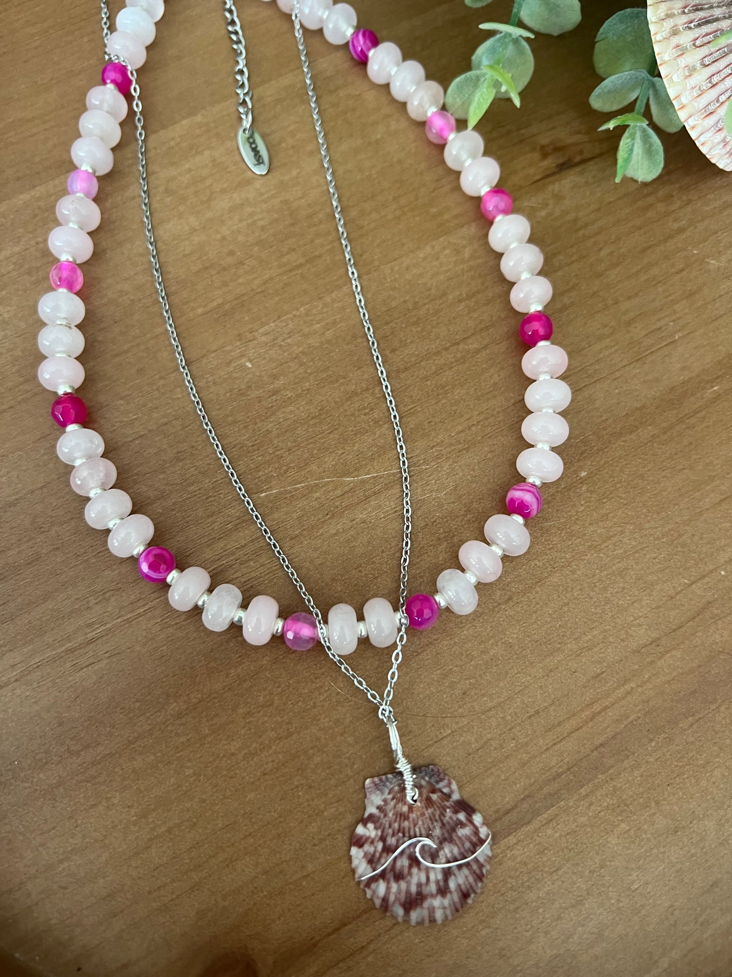 Calico Kiss- 2 layer scallop shell with rose quartz and hot pink Botswana beads