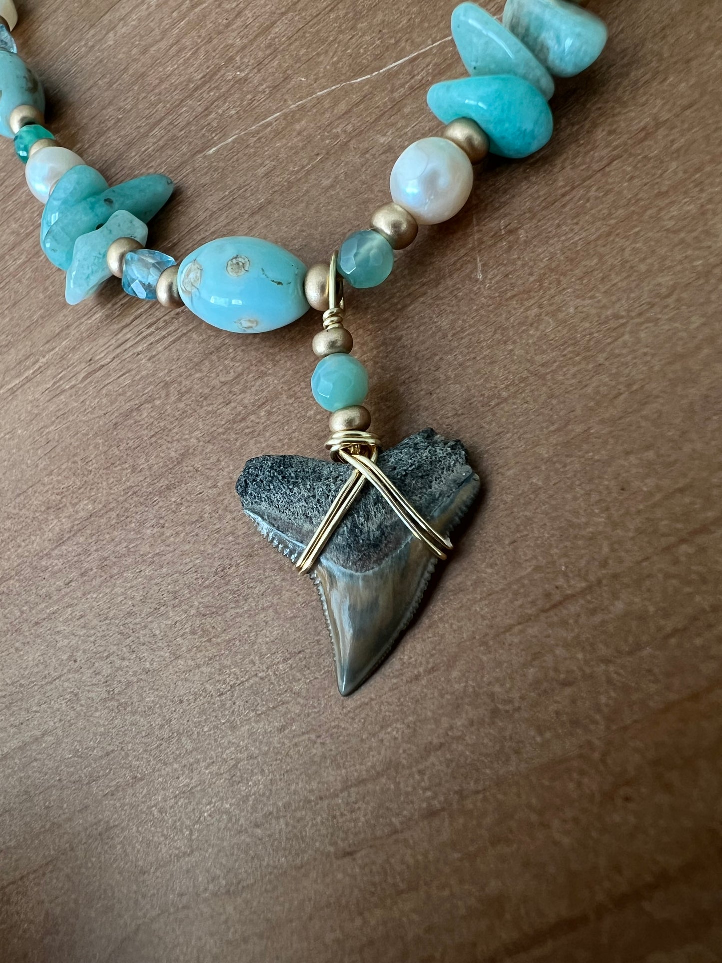 Coastal Reef-Bull Shark tooth necklace with dragon skin agate, blue topaz, light green jade, Amazonite, and freshwater pearls details