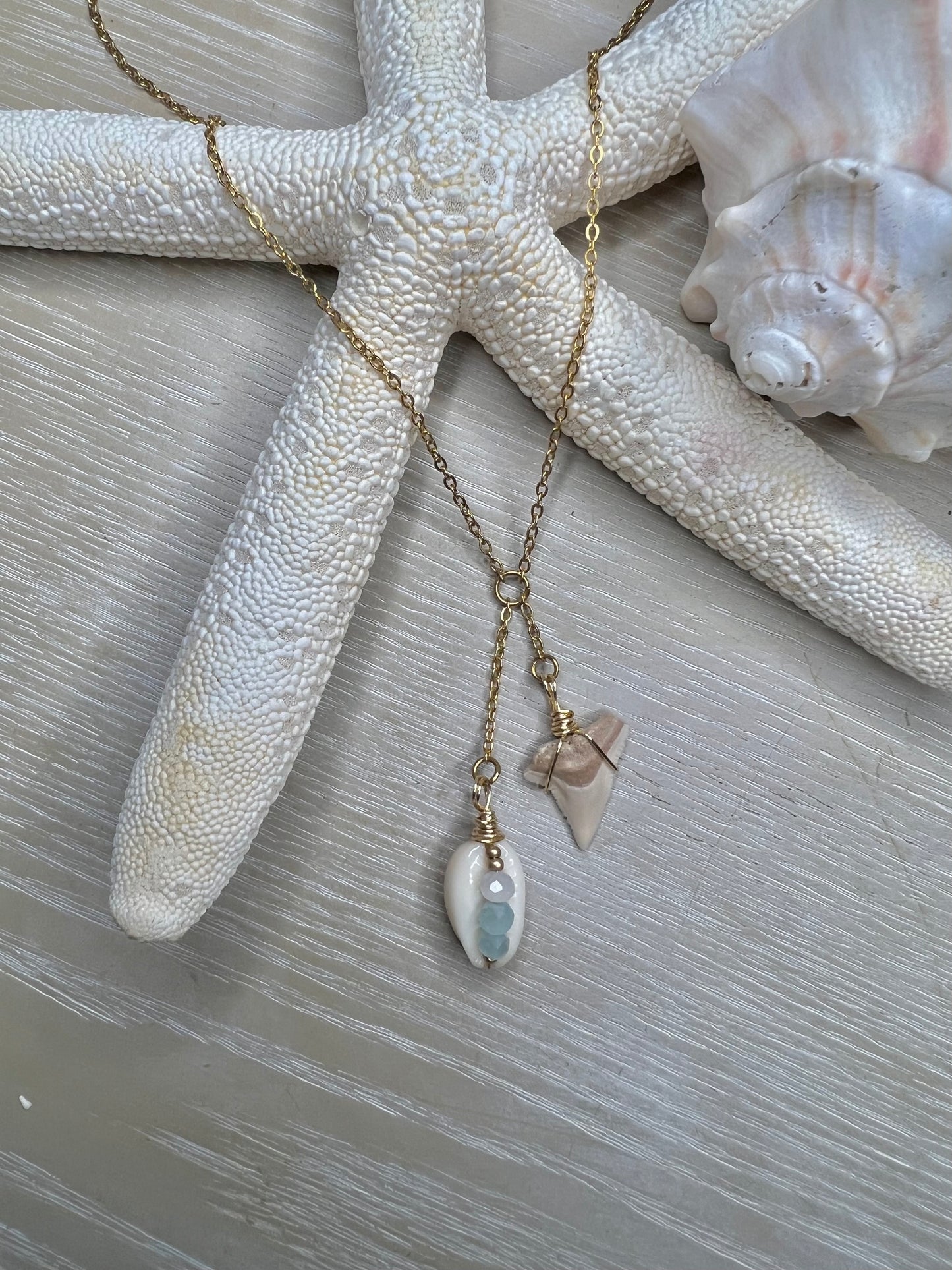 COASTal Cowgirl -shark tooth + Cowrie Lariat necklace