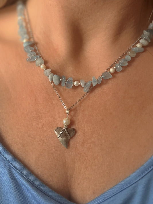 Aquamarine + Pearl + Bull Shark tooth necklace set