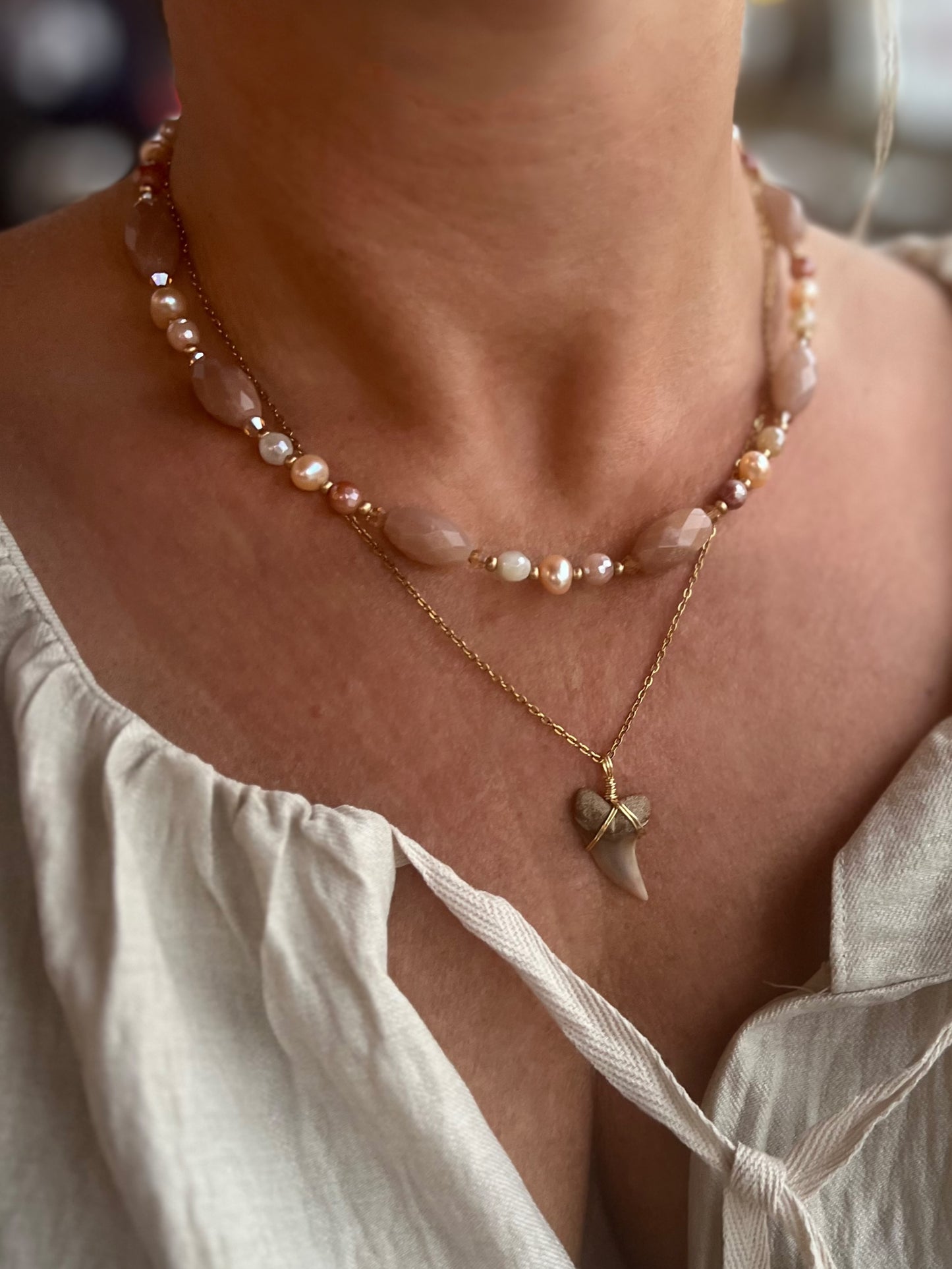Peach Moonstone, pearls, silk jade, Planus (hooked Mako) Shark tooth necklace