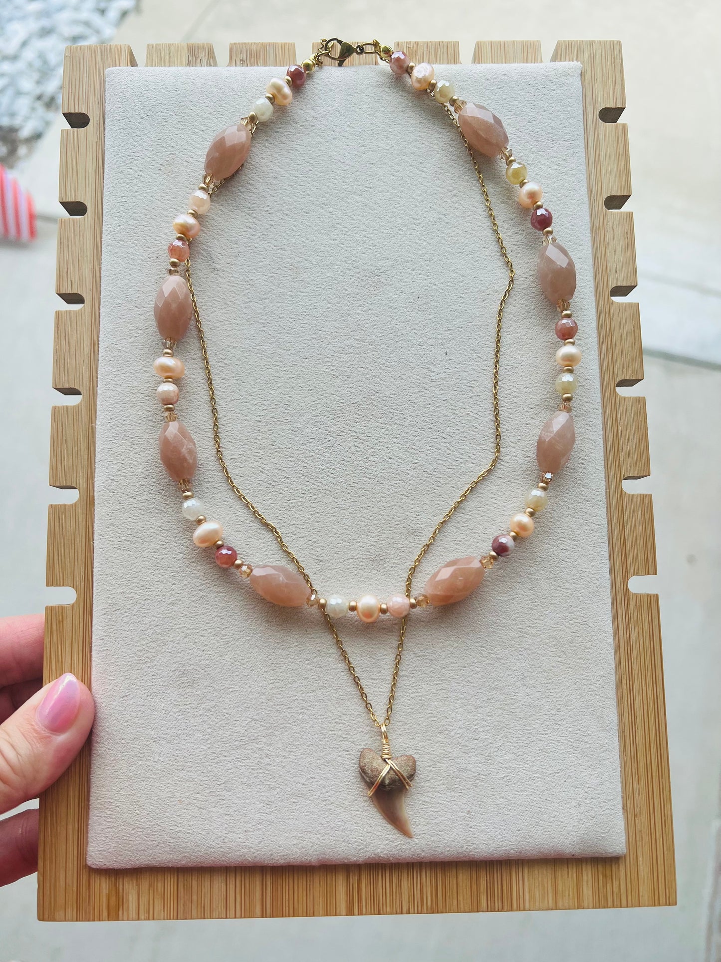Peach Moonstone, pearls, silk jade, Planus (hooked Mako) Shark tooth necklace