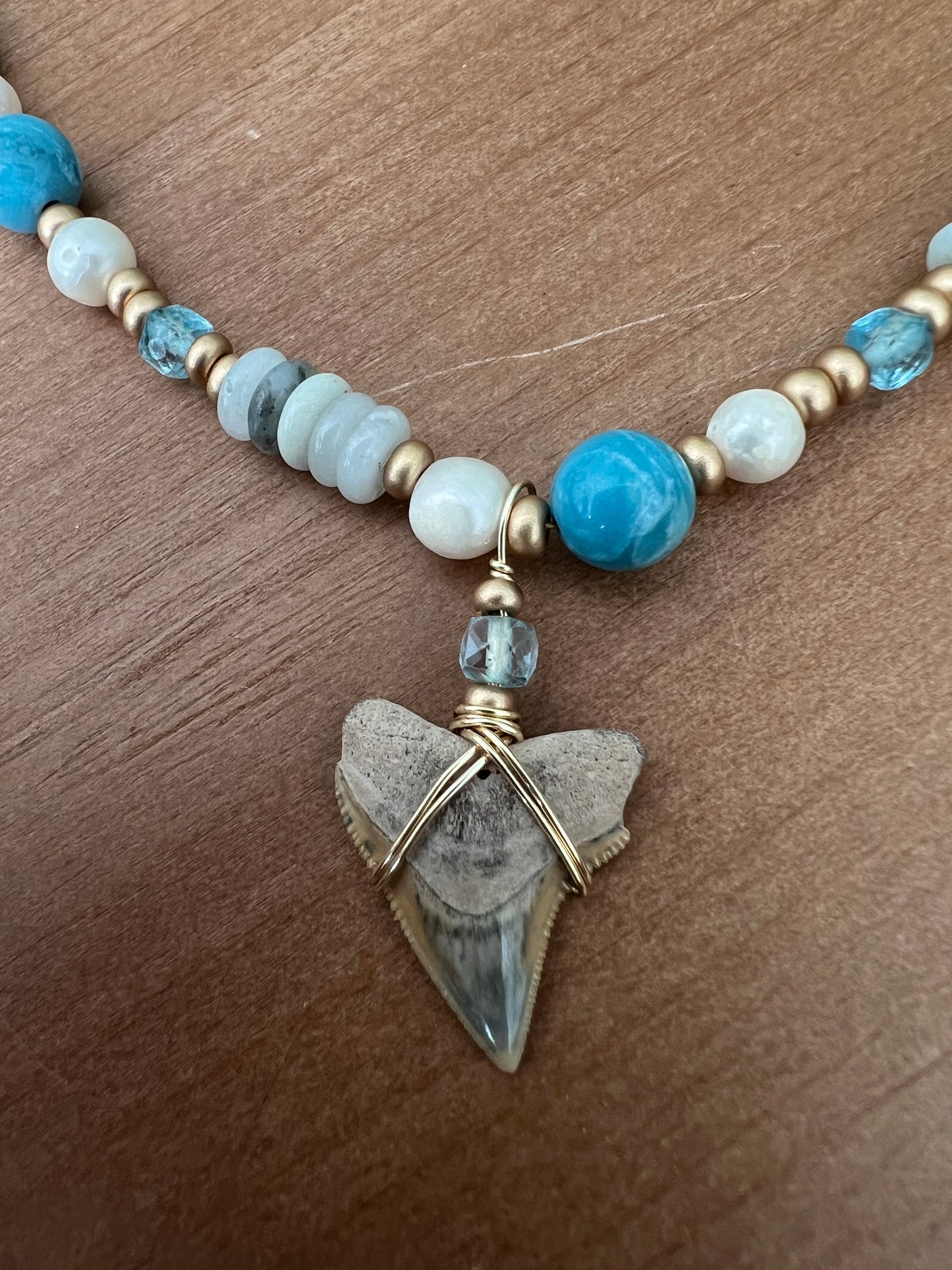 Blue Hour- Rare Bull Shark Tooth with Larimar quartz, blue topaz, freshwater pearls, and sea sediment beads
