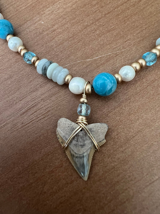 Blue Hour- Rare Bull Shark Tooth with Larimar quartz, blue topaz, freshwater pearls, and sea sediment beads