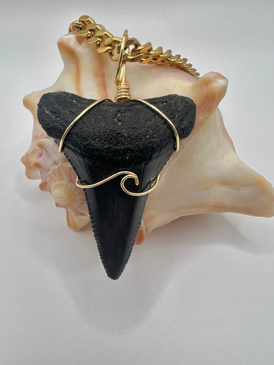 One of a kind 1.78” STUNNING Great White Shark Tooth Necklace with wave design