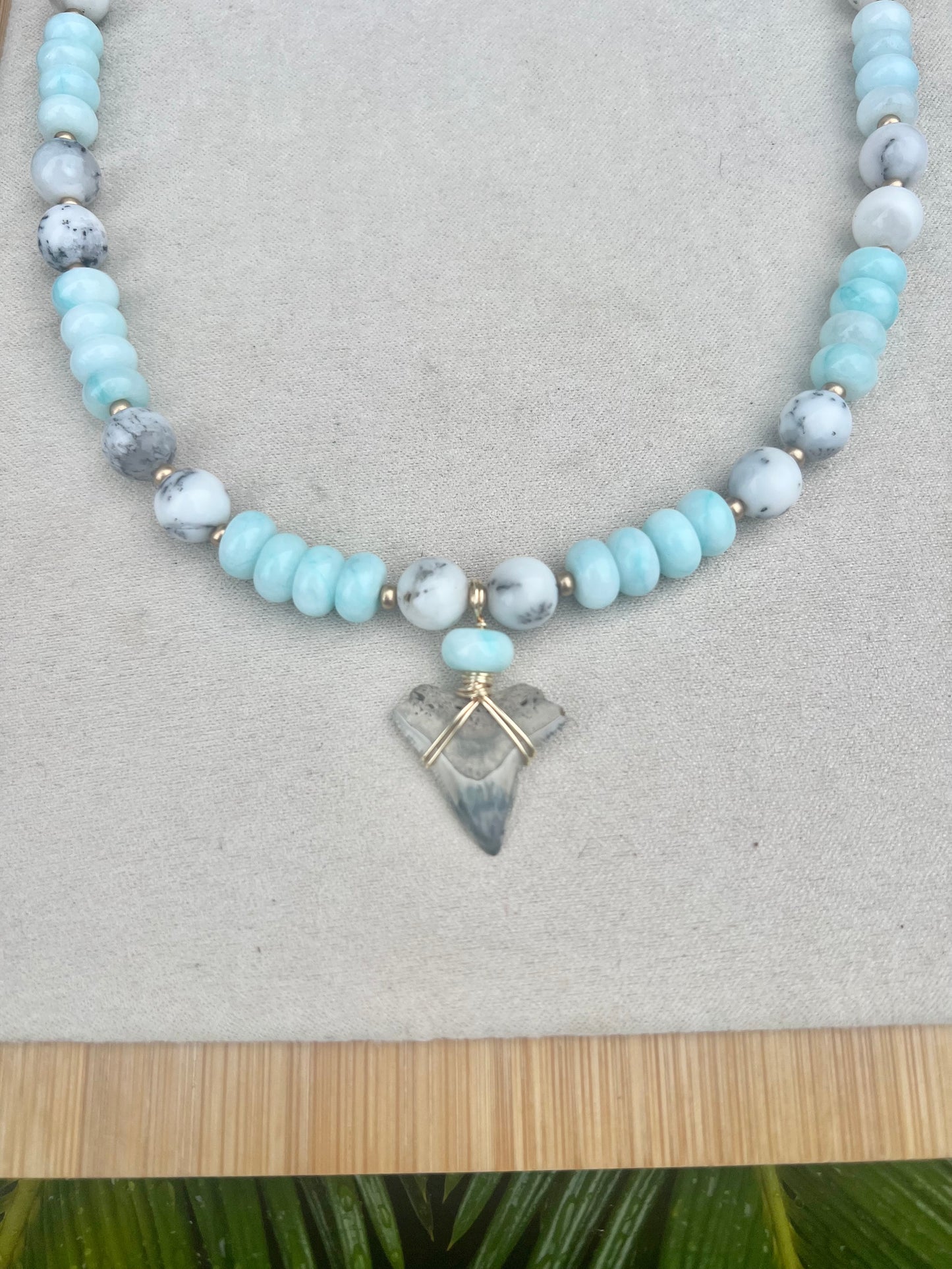 White Opal and Caribbean Blue Jade beaded necklace with unique cream shark tooth