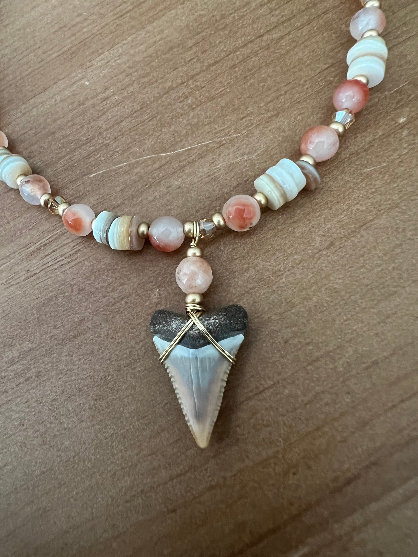 Tequila Sunrise- Rare Great White with Orange Koi Jade + Shell beads