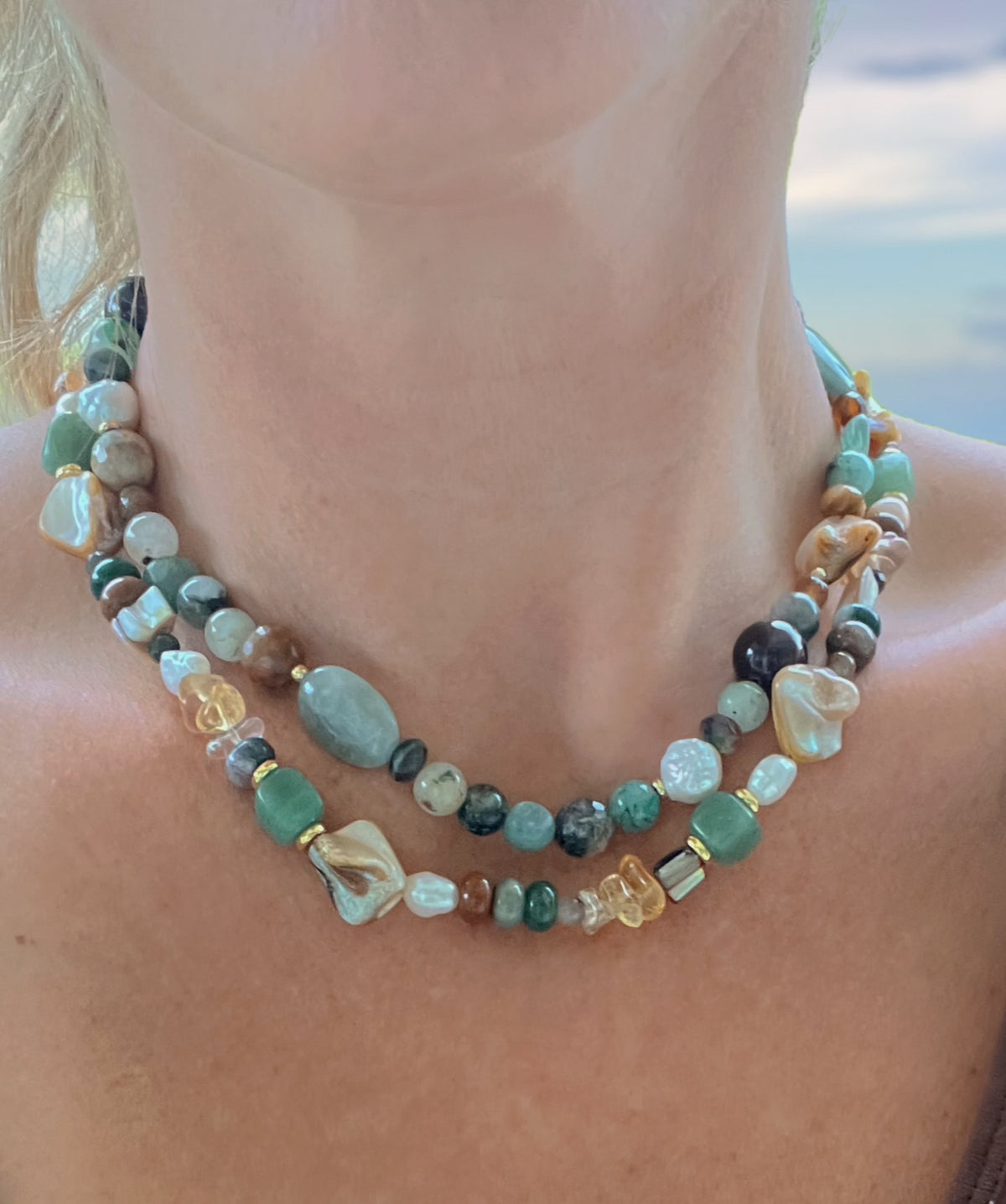 Tidal renewal- citrine, green aventurine, freshwater pearls, shells, and Indian agate beaded necklace - grounding jewelry