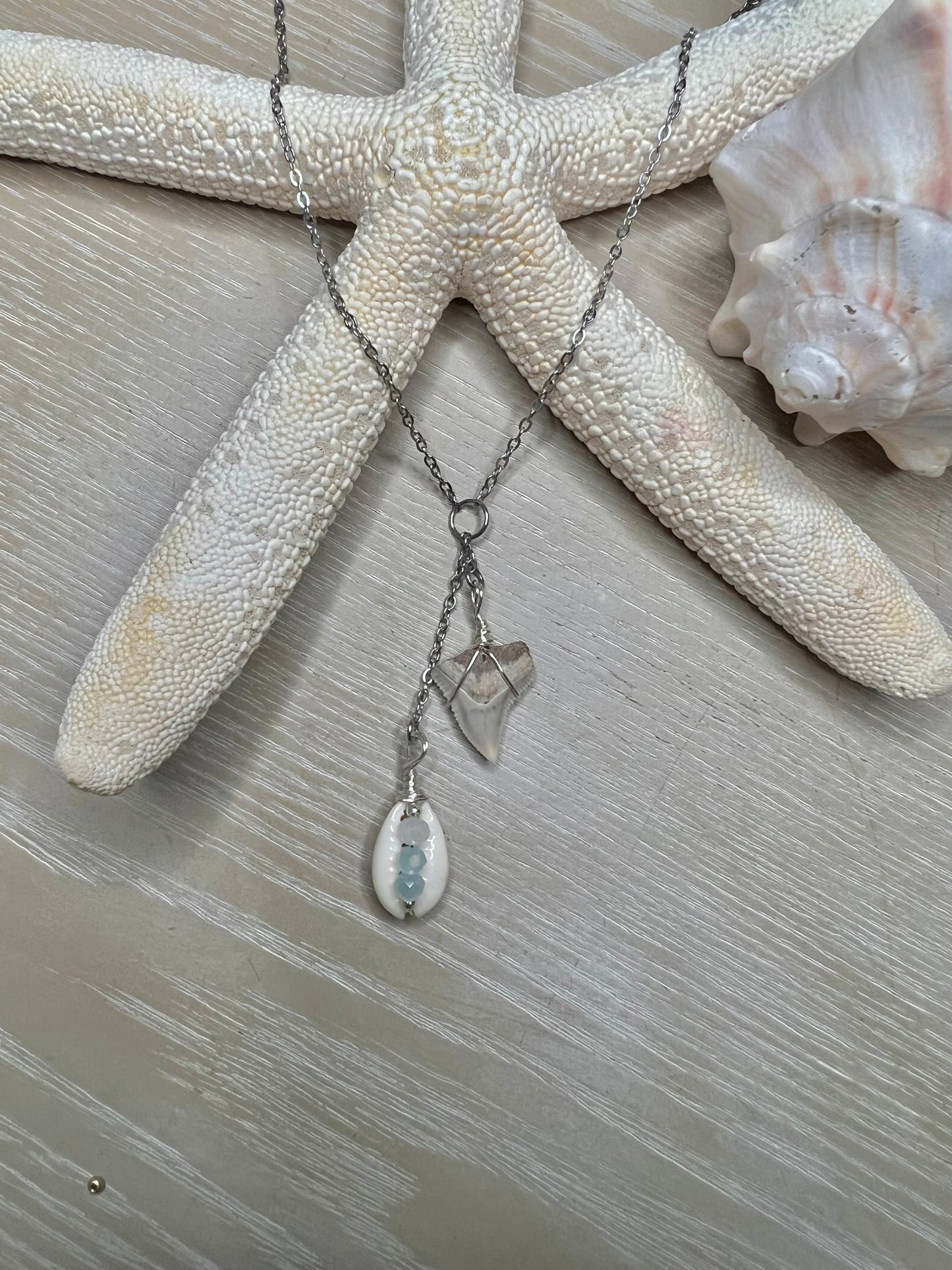 COASTal Cowgirl -shark tooth + Cowrie Lariat necklace