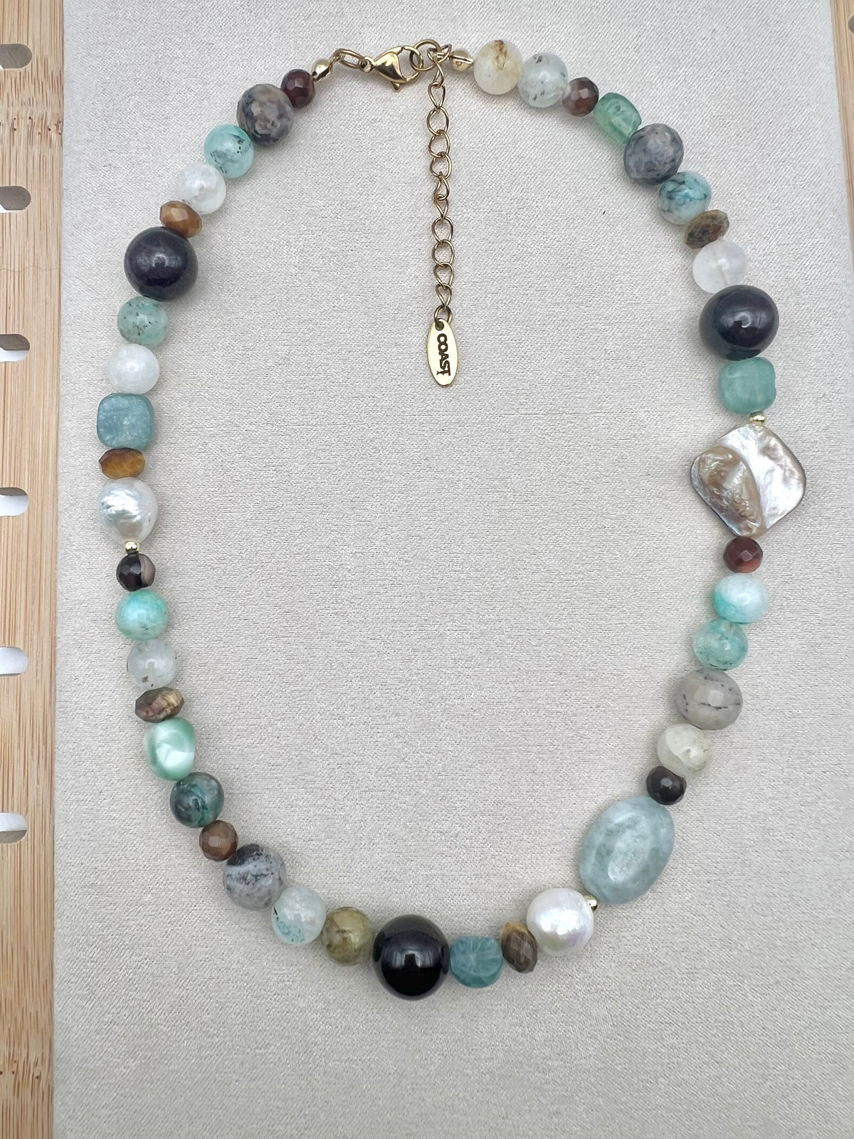 Tidal Renewal- 100% natural gemstones and pearl grounding necklace- kyanite, red garnet, Chrysocolla, tiger eye, shells, baroque pearls