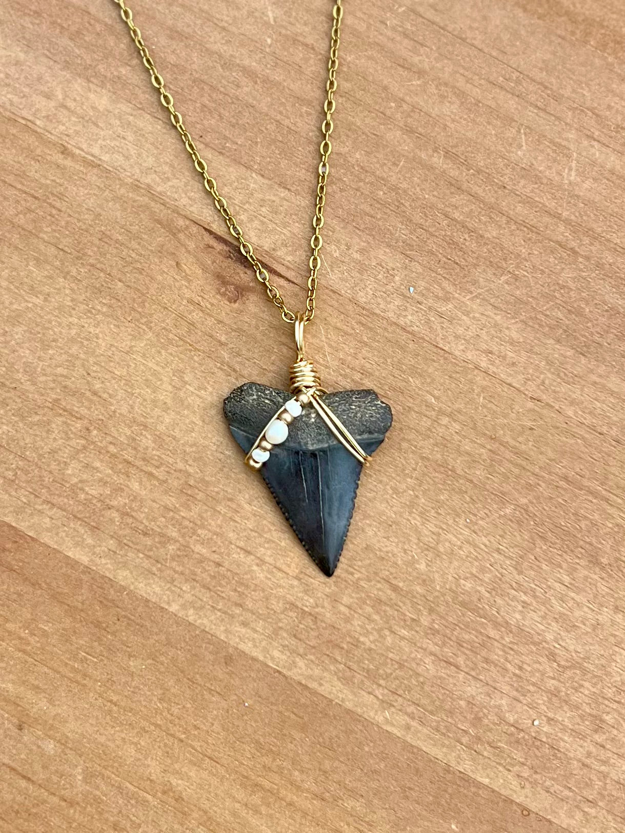 Great White Shark tooth necklace with freshwater pearls