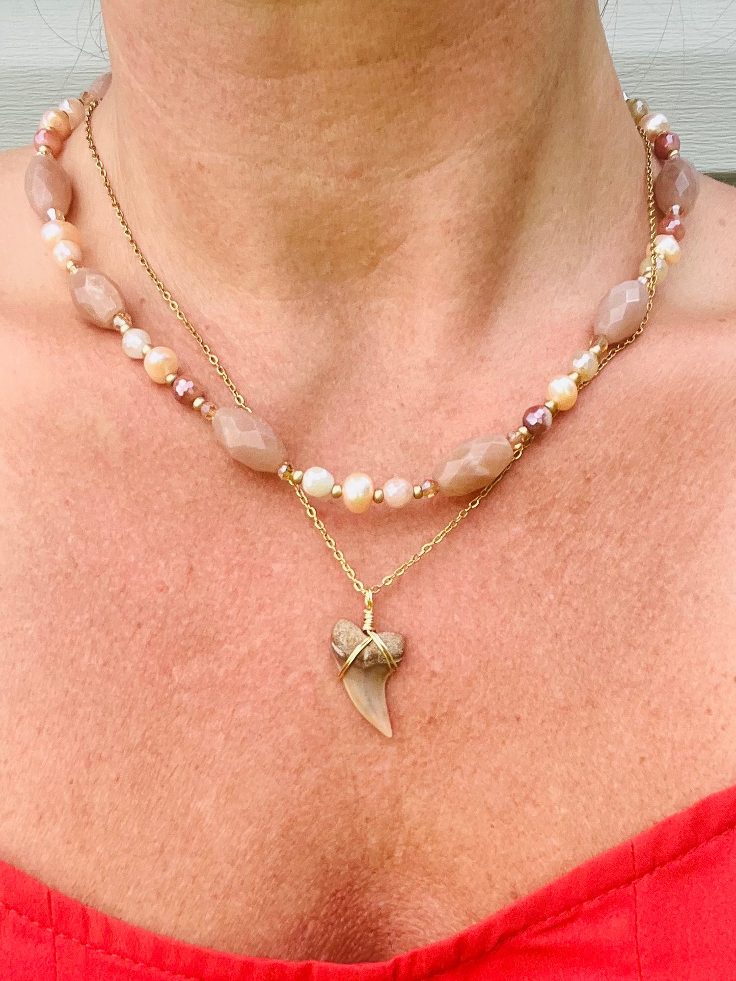 Peach Moonstone, pearls, silk jade, Planus (hooked Mako) Shark tooth necklace