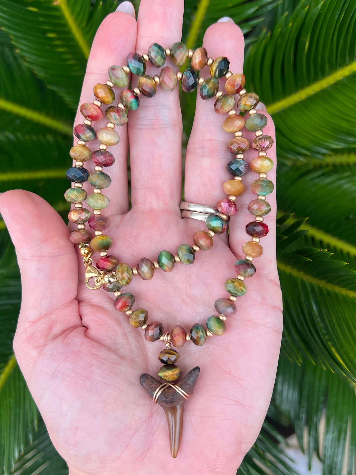 Chocolate Shark tooth and galaxy tiger eye bead necklace - one of a kind - rare fossil jewelry