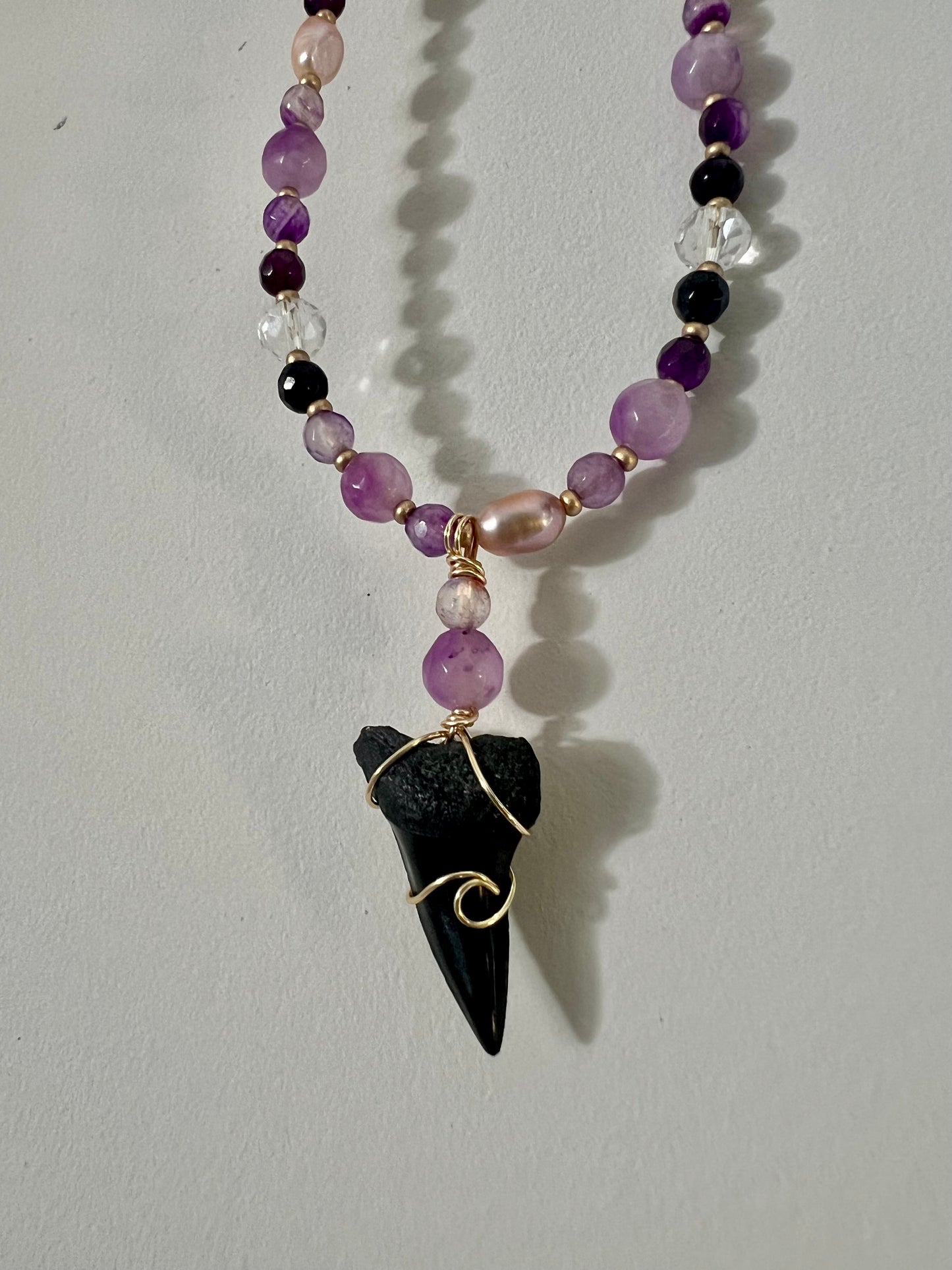Violet Tides Collection- Gold: purple jade, Botswana, pearl, and fossilized Mako shark tooth necklace