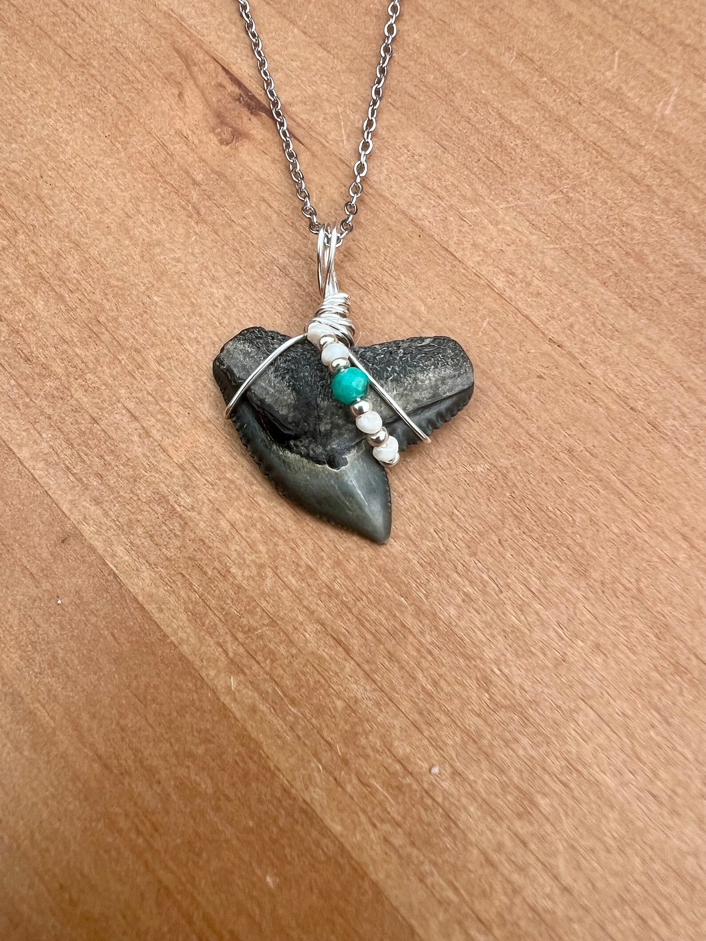 Tiger Shark tooth necklace with freshwater pearls and genuine turquoise