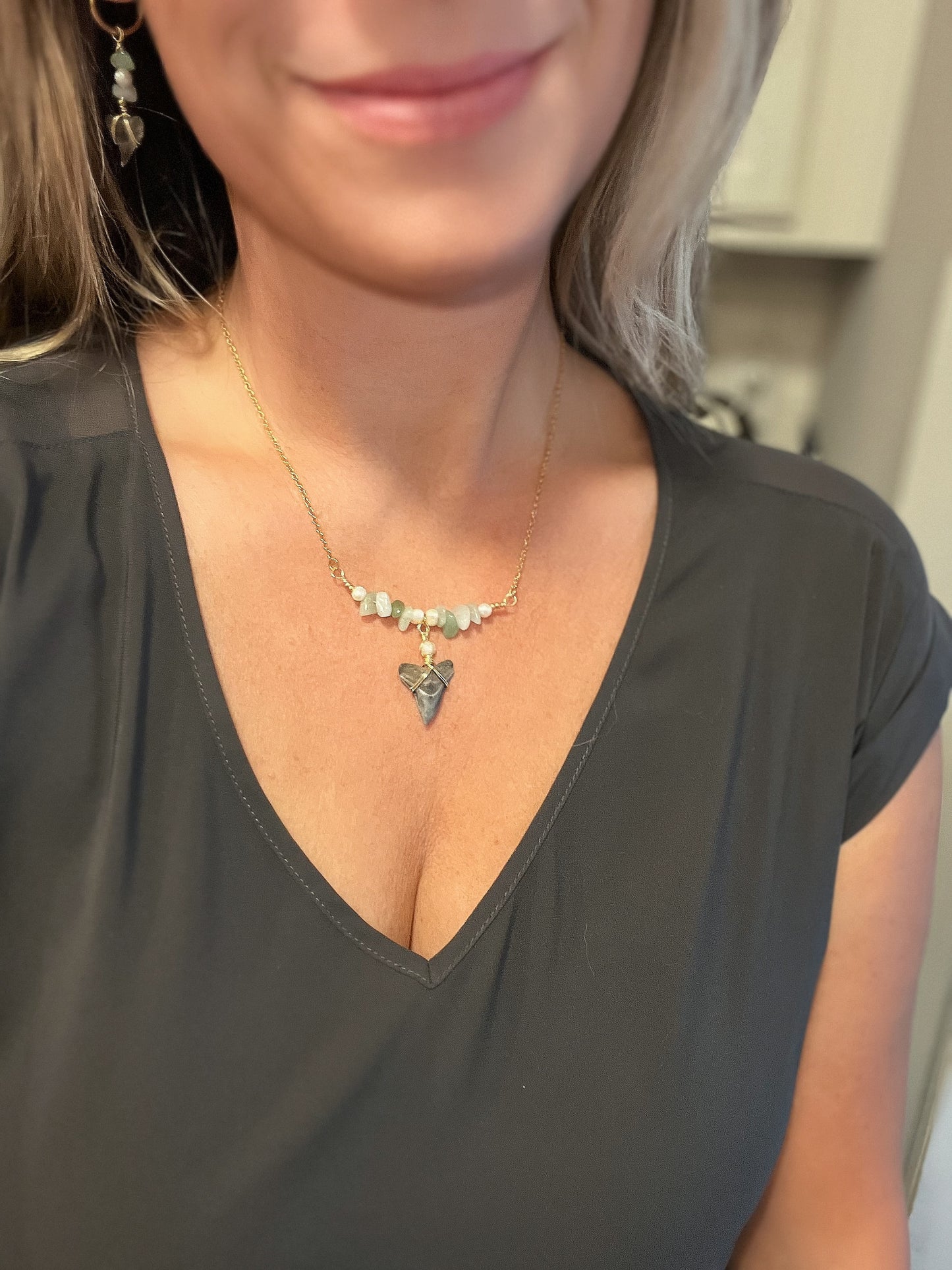 Ocean Treasure Necklace - Bull Shark tooth + Aventurine and Pearls