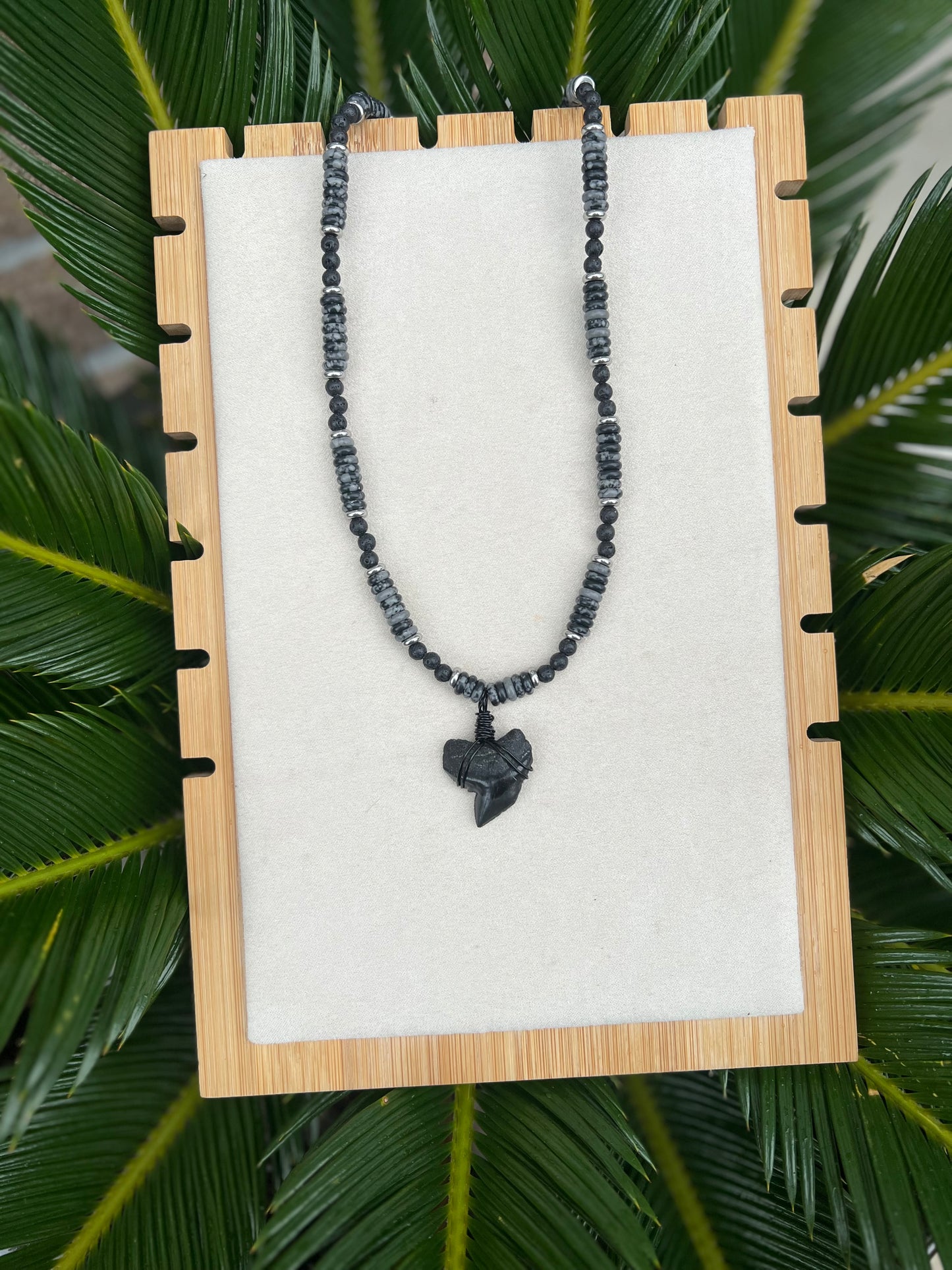 Tiger Shark Tooth Necklace with Black lava rock and snowflake obsidian beaded chain