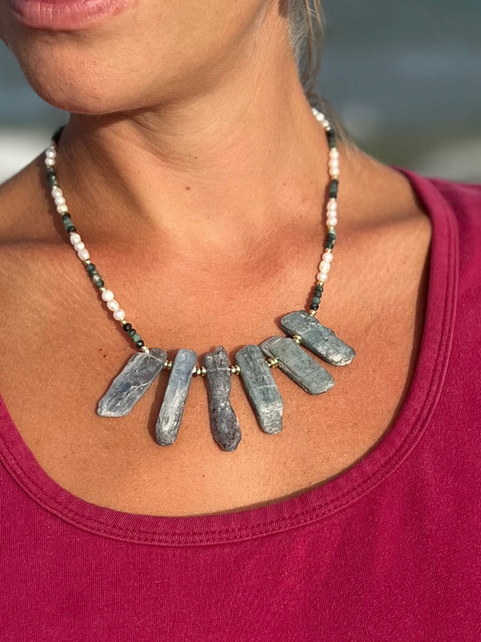 Tidal Kyanite - Raw Kyanite, freshwater pearls, blue tourmaline, and 18k gold filled statement necklace