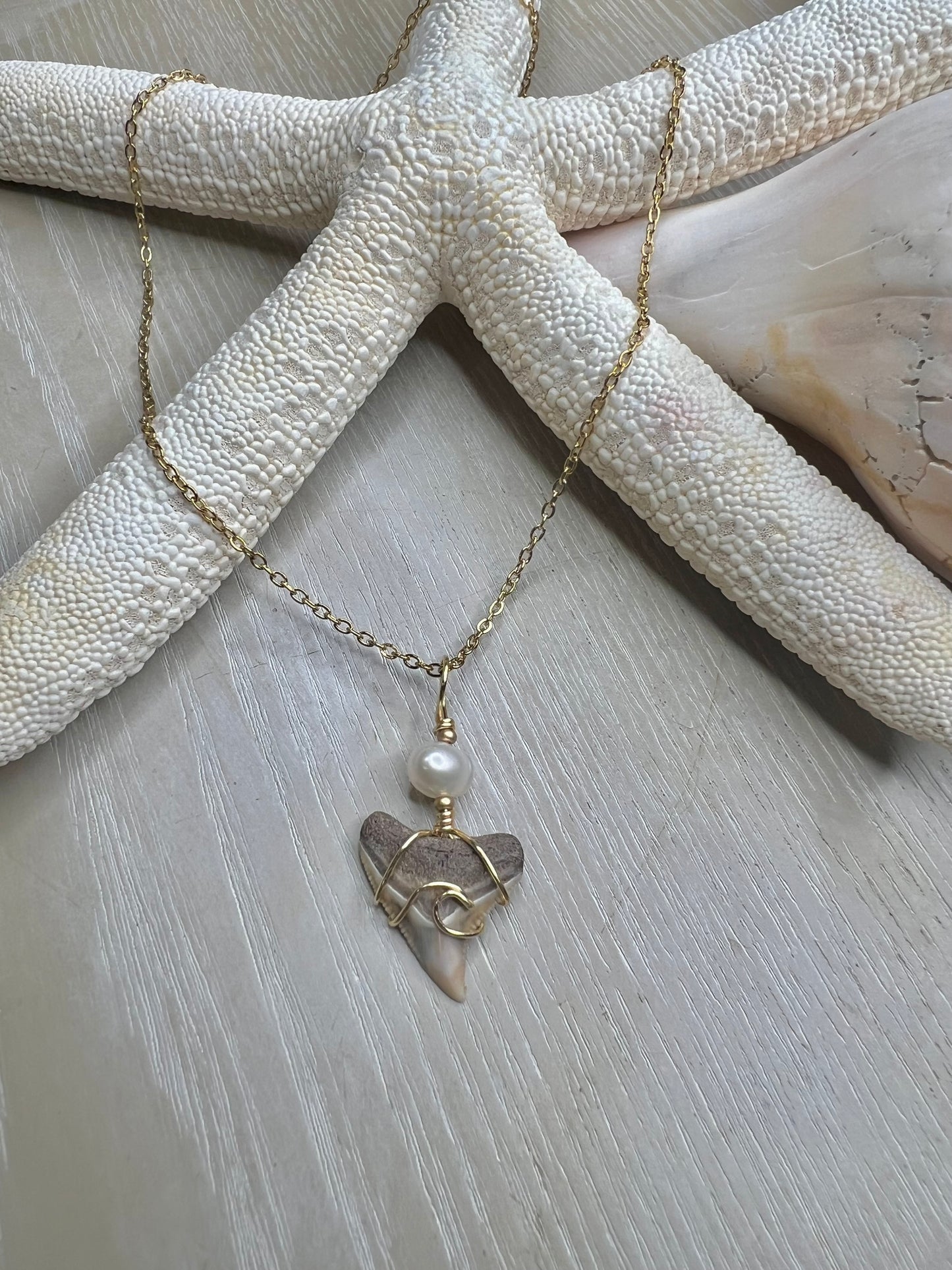 Sandy- Bull Shark tooth + Freshwater pearl + wave