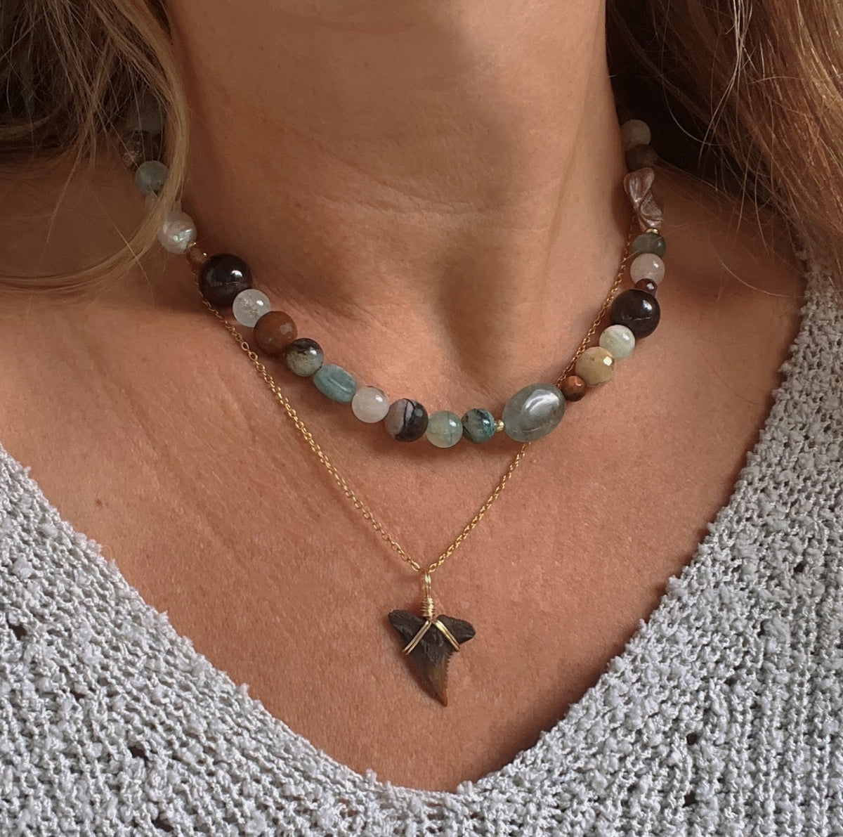 Tidal Renewal- 100% natural gemstones and pearl grounding necklace- kyanite, red garnet, Chrysocolla, tiger eye, shells, baroque pearls