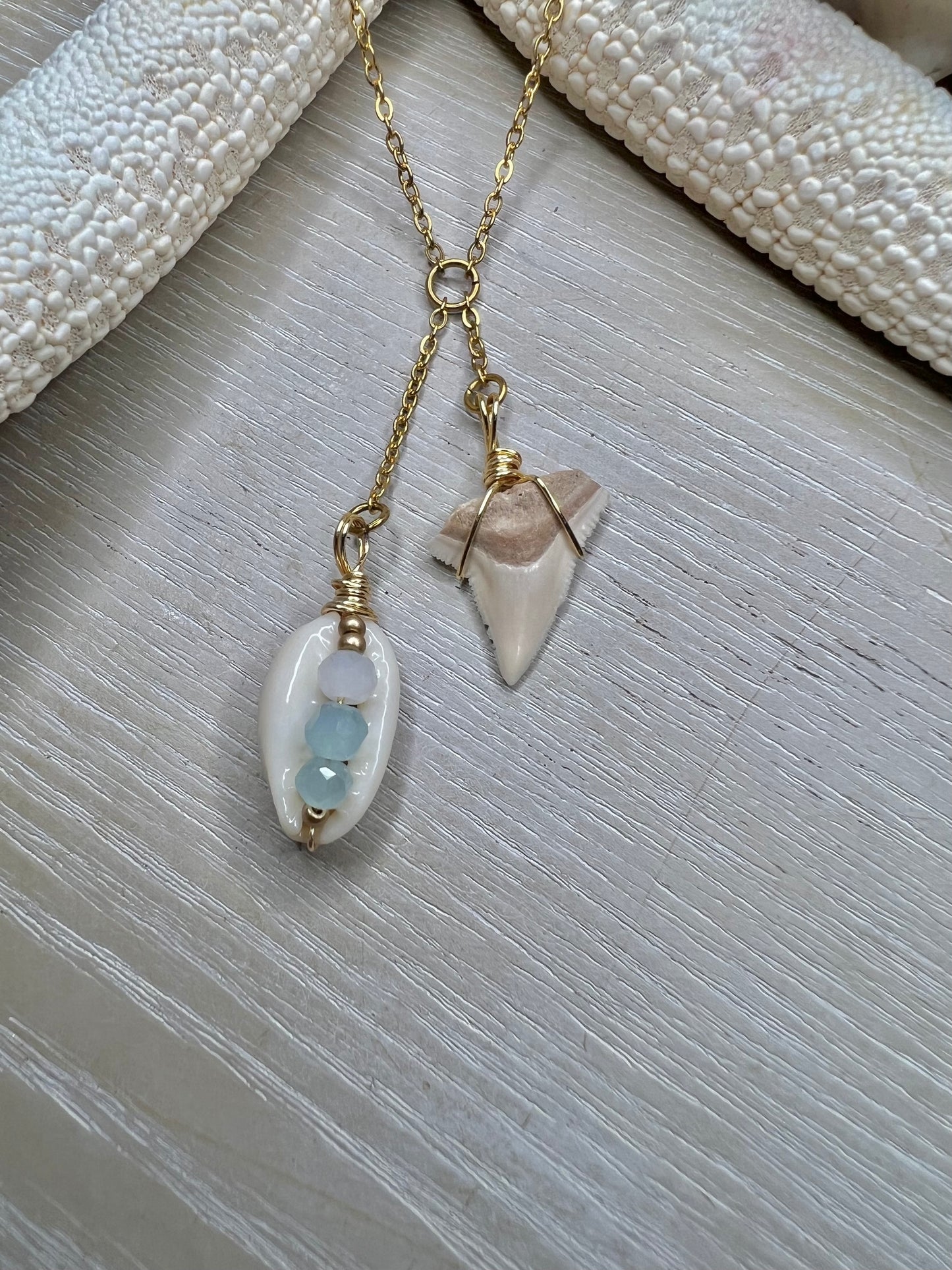 COASTal Cowgirl -shark tooth + Cowrie Lariat necklace