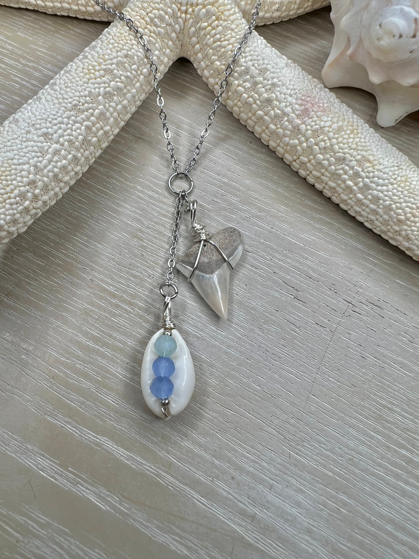 COASTal Cowgirl -shark tooth + Cowrie Lariat necklace