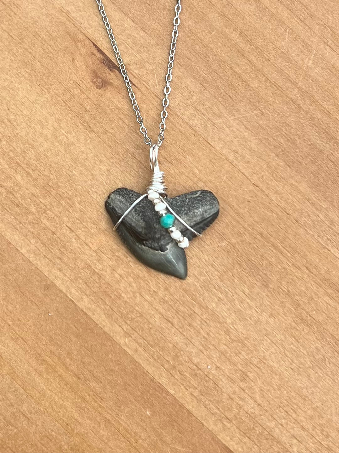 Tiger Shark tooth necklace with freshwater pearls and genuine turquoise