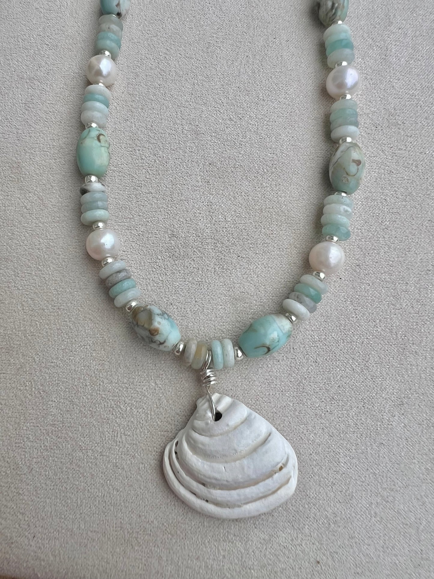 Coastal shell necklace- pearls, sea-sediment beads with a locally found “Pawleys shell” imperial Venus clam