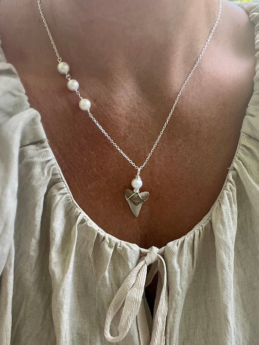 Salt & Pearl- Carolina Cream Bull Shark Tooth with lustrous pearls and sterling silver