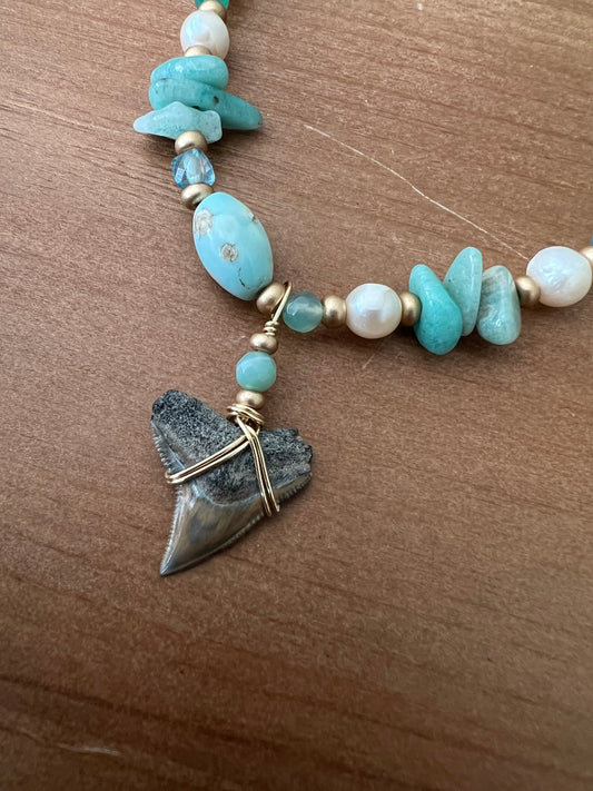 Coastal Reef-Bull Shark tooth necklace with dragon skin agate, blue topaz, light green jade, Amazonite, and freshwater pearls details