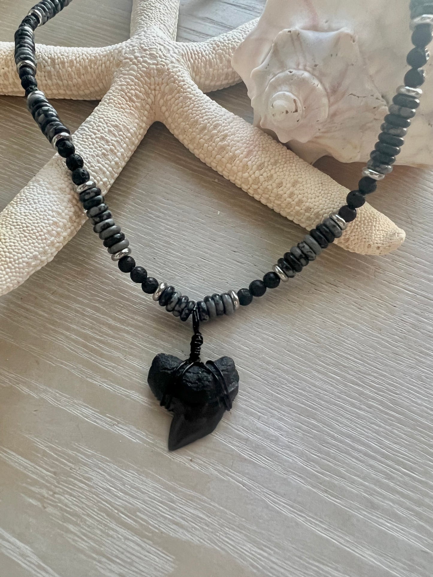 Tiger Shark Tooth Necklace with Black lava rock and snowflake obsidian beaded chain