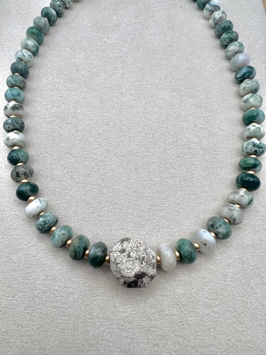 Mossy tides- Green marbled rondelle with Mushroom Jasper bead necklace
