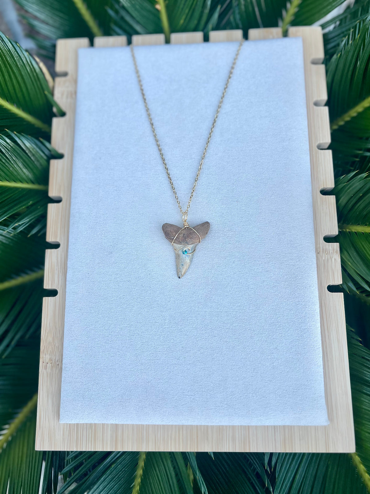 Stunning One-of-a-Kind Cream Marble Hastalis Shark Tooth Necklace with wave design and Swarovski Crystal