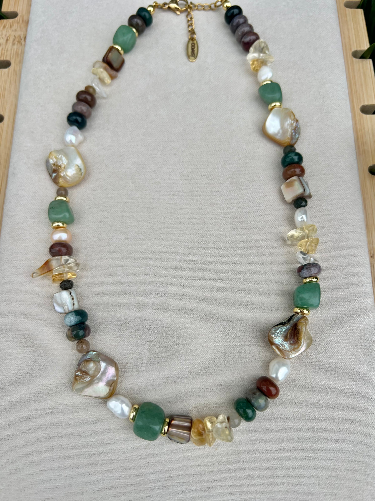 Tidal renewal- citrine, green aventurine, freshwater pearls, shells, and Indian agate beaded necklace - grounding jewelry