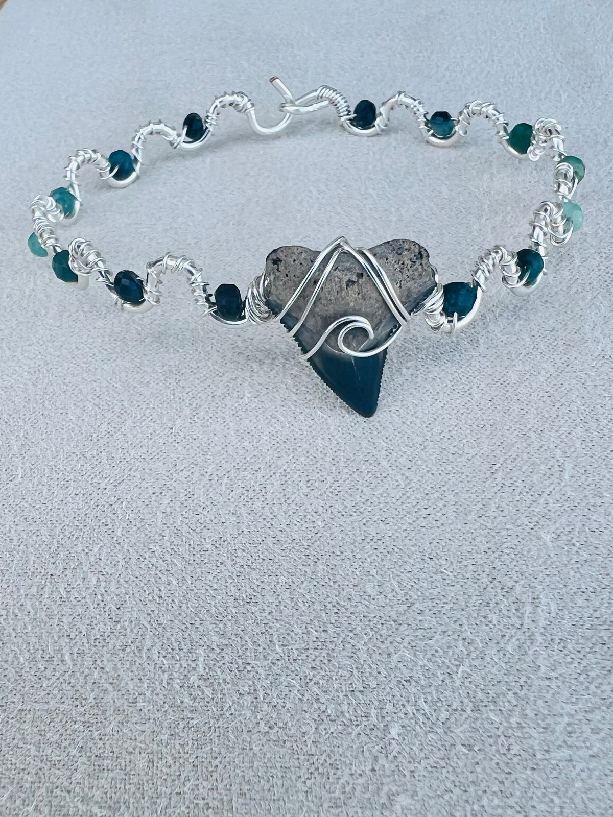 Shark tooth + Blue Tourmaline Silver Cuff Bracelet