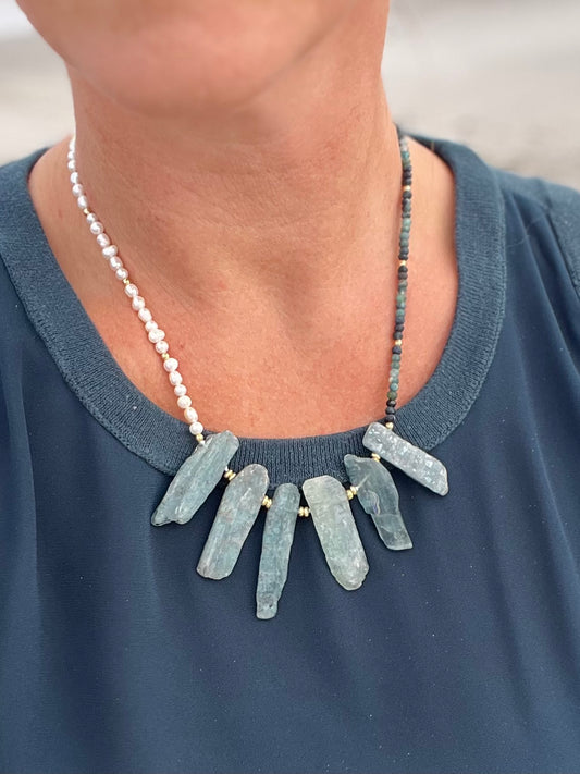 Tidal Kyanite- Raw Kyanite, freshwater pearls, blue tourmaline, 18k gold filled statement necklace