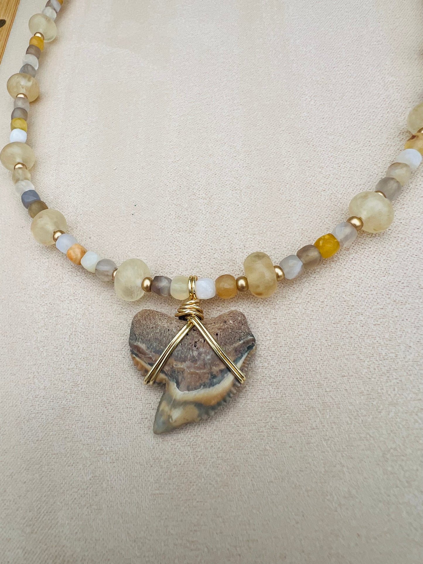 Very Rare Golden tie dye Tiger Shark tooth necklace with natural Botswana agate and gold rutilated quartz ￼