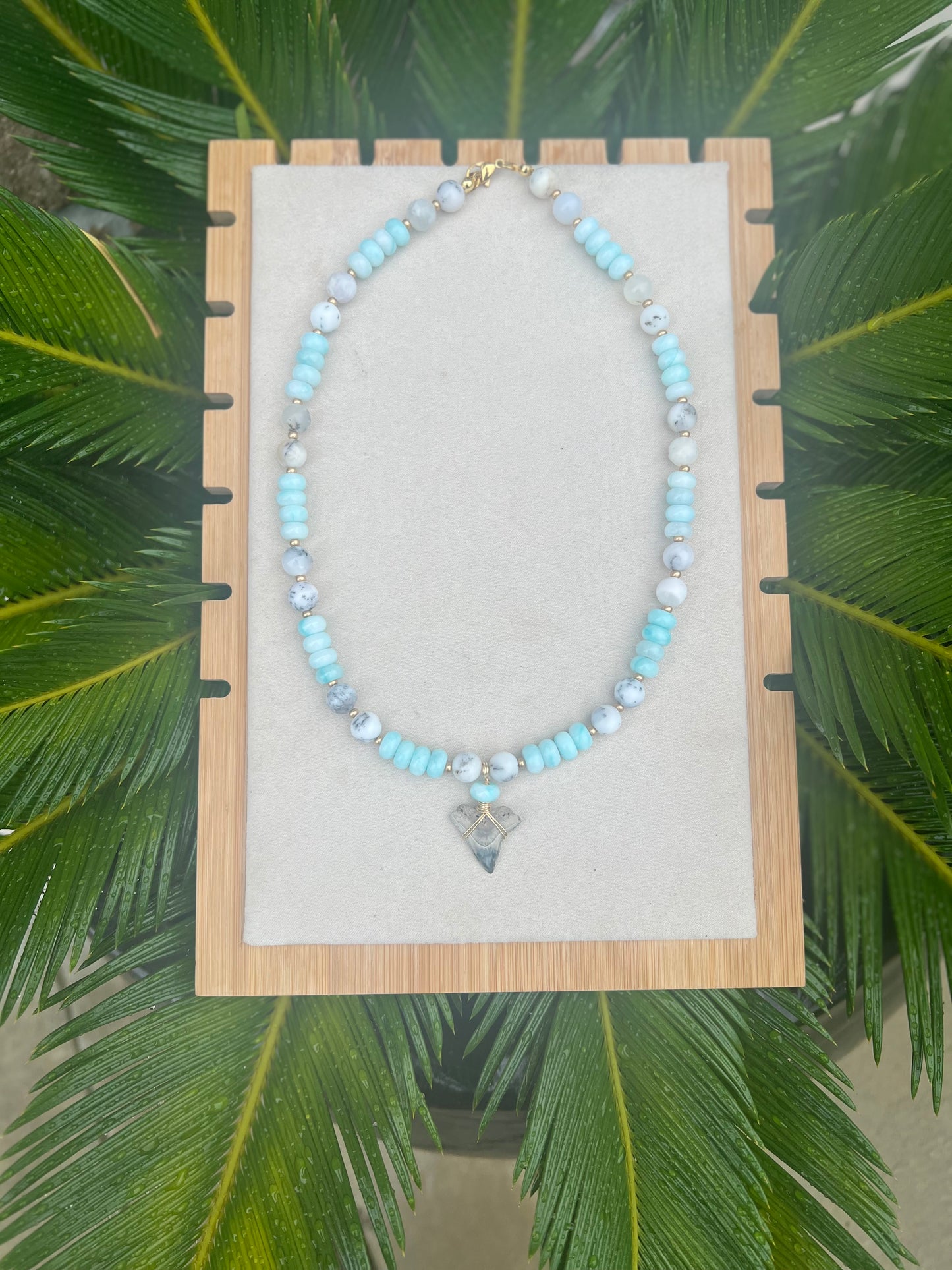 White Opal and Caribbean Blue Jade beaded necklace with unique cream shark tooth
