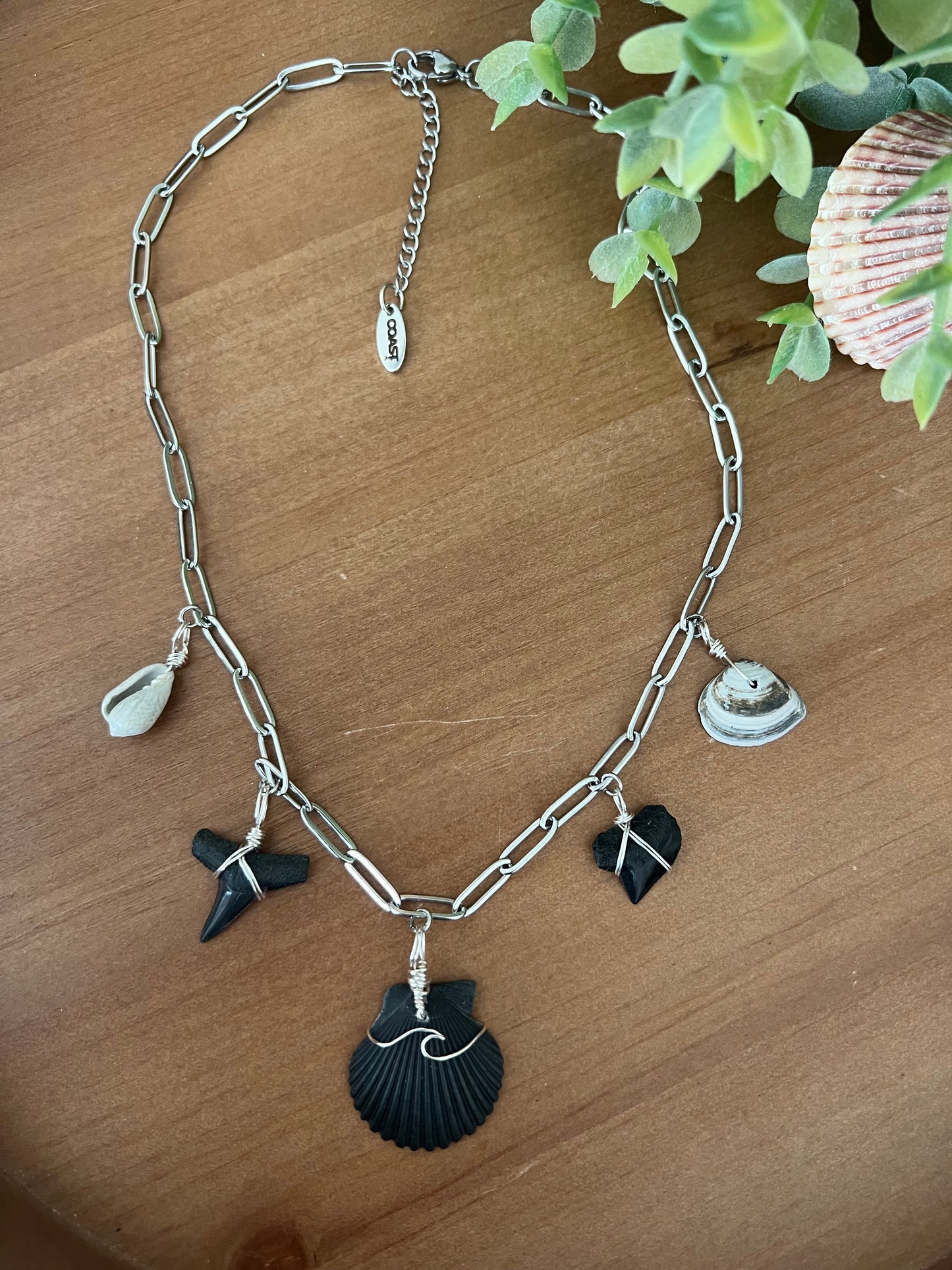 Carolina Shores Charm necklace- all hand collected, locally found shark teeth + shell charms