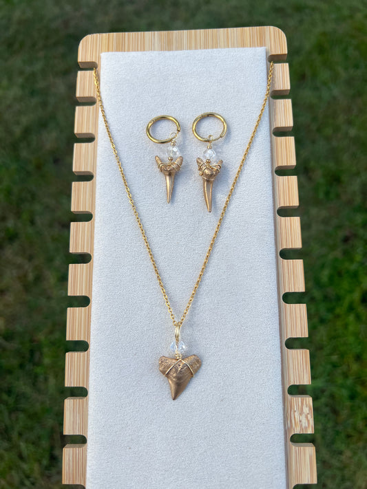 Sun-kissed- Gold Shark Tooth Necklace + Earring Set